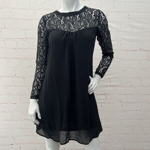 Vanberfia Lace Patchwork Lace Crew neck Long Sleeve Black Dress Size Small